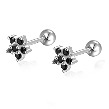 S925 Sterling Silver Flower Stud Earrings, with Cubic Zirconia, Golden, Silver, 5x3mm