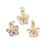 Brass Pave Cubic Zirconia Pendants, Flower Charms, Lead Free & Cadmium Free, Rack Plating, Long-Lasting Plated, Real 18K Gold Plated, Mixed Color, 10.5x8.5x4mm, Jump Ring: 4x0.8mm, 2.5mm Inner Diameter(KK-A291-07G)