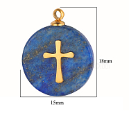 Natural Lapis Lazuli Pendants, Flat Round Charms, with Golden Tone Stainless Steel Cross Slice, 18~19x15x3.7~4.1mm(FIND-PW0015-02B-07)