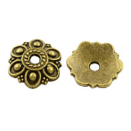Tibetan Style Alloy Flower Bead Caps, 6-Petal, Cadmium Free & Nickel Free & Lead Free, Antique Bronze, 14x13x3mm, Hole: 2mm(TIBE-5215-AB-FF)