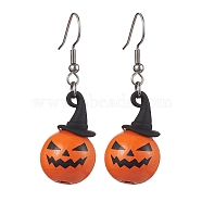 Halloween Theme Alloy Wood Pumpkin Dangle Earrings, 304 Stainless Steel Jewelry for Women, Black, 48x16mm(EJEW-JE05850-01)
