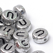 Plated Acrylic Horizontal Hole Letter Beads, Flat Round, Letter.U, 7x4mm, Hole: 1.3mm, about 720pcs/100g(PACR-Q099-03U)