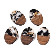 Transparent Resin and Walnut Wood Pendants, Oval Charms with Gold Foil, Black, 23x15.5x3.5mm, Hole: 2mm(RESI-T057-04A)