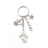 Valentine's Day Letter Bead Love and Star with Word Just For You Keychains, Beaded Pearl Angel Wing Keychains, Antique Silver, 8.05cm(KEYC-JKC00377)