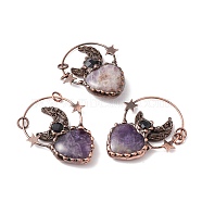Natural Amethyst Big Pendants, with Red Copper Tone Brass Findings and Black Glass, Heart with Moon & Star, Cadmium Free & Lead Free, 65.5~68x50~55x11.5~15mm, Hole: 6mm(G-I324-04R-02)