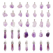 34Pcs 3 Styles Natural Amethyst Pendants Set, with Stainless Steel/Alloy Findings, Nuggets & Bullet & Cluster Charm, Mixed Shapes, 18~38x8~18x8~10mm, Hole: 2~5mm(G-CA0001-65)