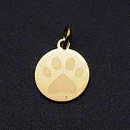 201 Stainless Steel Pet Charms, with Jump Rings, Flat Round with Dog Paw Prints, Golden, 14.5x12x1mm, Hole: 3mm(STAS-T049-T676-2)