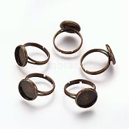 Brass Ring Components, Pad Ring Findings, For Antique Rings Making, Adjustable, Antique Bronze Color, Size:Ring: about 17mm inner diameter, Tray: about 14mm in diameter, 12mm inner diameter(KK-J109-AB)