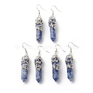 Natural Blue Spot Jasper Bullet with Flower Dangle Earrings, Platinum Tone Brass Jewelry for Women, Cadmium Free & Lead Free, 62~63mm, Pin: 0.6mm(EJEW-G300-02P-13)