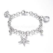 304 Stainless Steel Charm Bracelets, Starfish/Sea Stars & Shell, Stainless Steel Color, 7-1/2 inch(190mm)x6mm(BJEW-G544-10P)