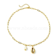 Natural Cultured Freshwater Pearl Necklaces, Ion Plating(IP) 304 Stainless Steel Cable Chains and Shell Beads, Oval, Real 18K Gold Plated, 16.14 inch(41cm)(NJEW-JN04785)