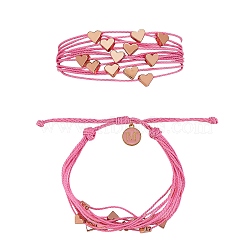 Multi String Cord Bracelet with Initial Letter M Charm, Heart Adjustable Bracelet for Women, Pink, Inner Diameter: 1-3/4~3-1/4 inch(4.5~8.2cm)(BJEW-SW00042-03)