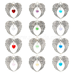 12Pcs 12 Colors Tibetan Style Alloy Big Pendants, with Glass Heart Beads, Wings Charms, Mixed Color, 68.5x65x8mm, Hole: 3mm, 1pc/color(FIND-TA0004-24)