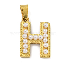 Ion Plating(IP) 304 Stainless Steel Pendants, with ABS Imitation Pearl, Letter H, 17x12x3.5mm, Hole: 6x3mm(STAS-U024-01H)