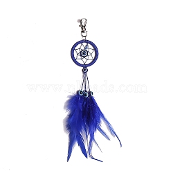 Iron Woven Web/Net with Feather Pendant Decorations, with Blue Evil Eye, for Home Decorations, Blue, 270x50mm(PW-WG15082-01)