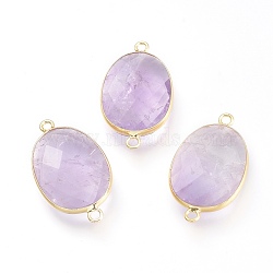 Natural Amethyst Links Connectors, with Golden Plated Brass Findings, Faceted, Oval, 30.5~31x17x5.5mm, Hole: 2mm(G-L547-032F)