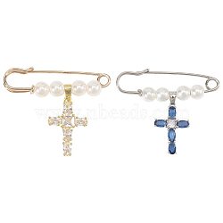 2Pcs 2 Styles Alloy Plastic Pearl Brooches, with Brass Micro Pave Cubic Zirconia Pendants, Cross, Platinum & Golden, 33mm, 1pc/style(JEWB-FH00038)