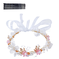 Wedding Party Beach Bridal Decorative Hair Accessories, Alloy Flower Headbands, with Plastic Beads, Pink, 380~383x33x14mm(OHAR-WH0021-03B)