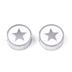 304 Stainless Steel Beads, Laser Cut, with Enamel, White, Flat Round with Star, Stainless Steel Color, 9.5x3mm, Hole: 2mm(X-STAS-S080-022P)
