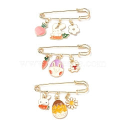 3Pcs 3 Style Easter Rabbit & Carrot & Egg Alloy Enamel Charms Safety Pin Brooches, Brass Brooch Kilt Pin for Women, Colorful, 34x50x5mm, 1pc/style(JEWB-TA00014)