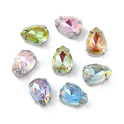 Brass Glass Rhinestone Sew on Rhinestones, Teardrop, Faceted, Mixed Color, Platinum, 10x7.5x5.5mm, Hole: 0.8mm(RGLA-U001-10P-02)