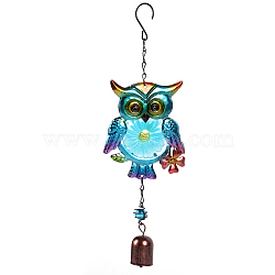 Glass Wind Chimes, Iron Pendant Decorations, Owl, Dark Turquoise, 360x120mm(WICH-PW0001-64C-02)