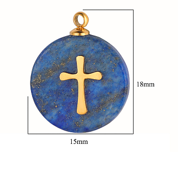 Natural Lapis Lazuli Pendants, Flat Round Charms, with Golden Tone Stainless Steel Cross Slice, 18~19x15x3.7~4.1mm