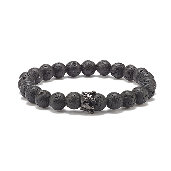 Natural Lava Rock Round Beaded Stretch Bracelet with Clear Cubic Zirconia Crown, Essential Oil Gemstone Jewelry for Women, Gunmetal, Inner Diameter: 2-1/4 inch(5.8cm)