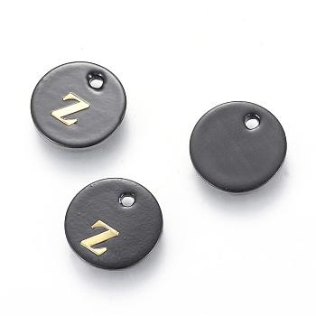Freshwater Shell Charms, with Gold Blocking Letter, Dyed, Flat Round, Black, Letter.Z, 11x1.5mm, Hole: 1.5mm
