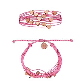 Multi String Cord Bracelet with Initial Letter M Charm, Heart Adjustable Bracelet for Women, Pink, Inner Diameter: 1-3/4~3-1/4 inch(4.5~8.2cm)