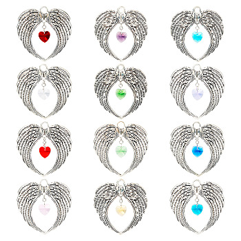 12Pcs 12 Colors Tibetan Style Alloy Big Pendants, with Glass Heart Beads, Wings Charms, Mixed Color, 68.5x65x8mm, Hole: 3mm, 1pc/color