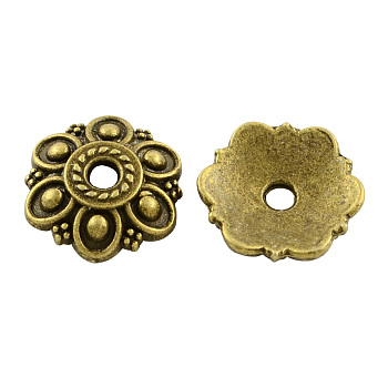 Tibetan Style Alloy Flower Bead Caps, 6-Petal, Cadmium Free & Nickel Free & Lead Free, Antique Bronze, 14x13x3mm, Hole: 2mm