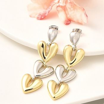 Rack Plating Brass Stud Earrings for Women, Cadmium Free & Lead Free, Long-Lasting Plated, Heart, Platinum & Golden, 51x14mm