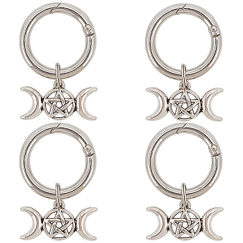 4Pcs Triple Goddess Pentagram Moon Alloy Shoe Charms, with Spring Gate Rings, Antique Silver, 46mm