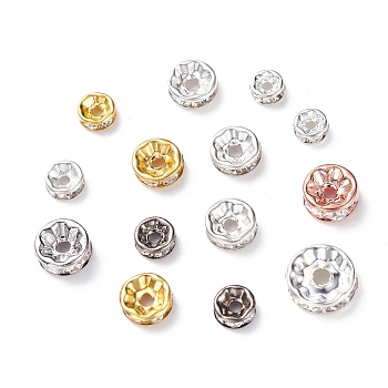 Brass Rhinestone Spacer Beads, Straight Flange, Rondelle, Mixed Color, 5~10x2.5~4mm, Hole: 1.4~2mm