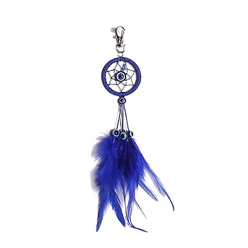 Iron Woven Web/Net with Feather Pendant Decorations, with Blue Evil Eye, for Home Decorations, Blue, 270x50mm