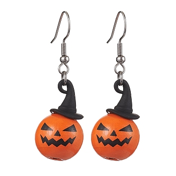 Halloween Theme Alloy Wood Pumpkin Dangle Earrings, 304 Stainless Steel Jewelry for Women, Black, 48x16mm