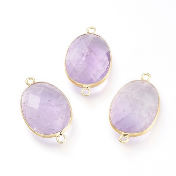 Natural Amethyst Links Connectors, with Golden Plated Brass Findings, Faceted, Oval, 30.5~31x17x5.5mm, Hole: 2mm