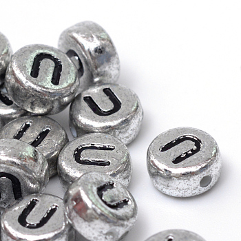 Plated Acrylic Horizontal Hole Letter Beads, Flat Round, Letter.U, 7x4mm, Hole: 1.3mm, about 720pcs/100g
