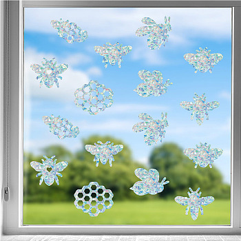Waterproof PVC Colored Laser Stained Window Film Static Stickers, Electrostatic Window Stickers, Rectangle with Honeycomb, Bees Pattern, 350x840mm, 16pcs/set