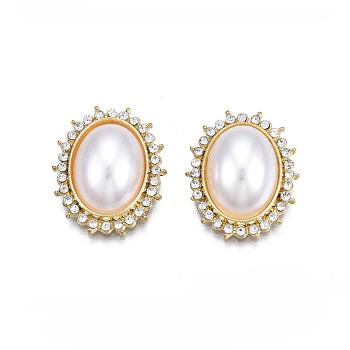 Alloy Cabochons, with ABS Plastic Imitation Pearl and Rhinestone, Cadmium Free & Lead Free, Half Oval, White, 19.5x16x6.5mm