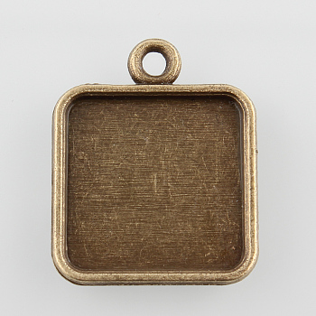 Square Alloy Pendant Cabochon Settings, Cadmium Free & Nickel Free & Lead Free, Antique Bronze, Tray: 15x15mm, 22x18x2mm, Hole: 2mm, about 525pcs/kg