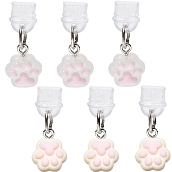 6Pcs 2 Colors Silicone Mobile Anti-Dust Plugs, with Resin Pendants, Paw Print, Mixed Color, 31.5mm, 3pcs/color