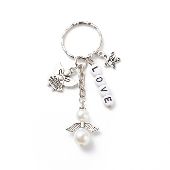 Valentine's Day Letter Bead Love and Star with Word Just For You Keychains, Beaded Pearl Angel Wing Keychains, Antique Silver, 8.05cm