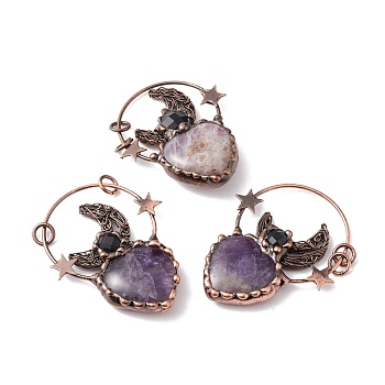 Natural Amethyst Big Pendants, with Red Copper Tone Brass Findings and Black Glass, Heart with Moon & Star, Cadmium Free & Lead Free, 65.5~68x50~55x11.5~15mm, Hole: 6mm