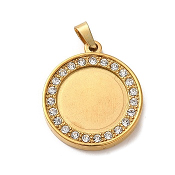 304 Stainless Steel Pendant Cabochons Settings, with Crystal Rhinestone, Flat Round Charms, Golden, Tray: 15mm, 24.5x21.5x3mm, Hole: 6x3mm