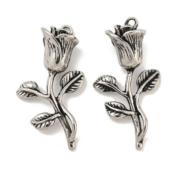 304 Stainless Steel Pendants, Rose Flower Charm, Antique Silver, 32.5x17x9mm, Hole: 1.6mm
