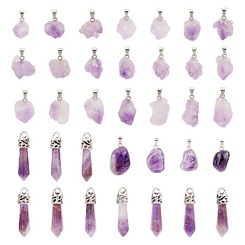 34Pcs 3 Styles Natural Amethyst Pendants Set, with Stainless Steel/Alloy Findings, Nuggets & Bullet & Cluster Charm, Mixed Shapes, 18~38x8~18x8~10mm, Hole: 2~5mm