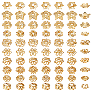 80Pcs 10 Styles Flower Brass Bead Caps, Rack Plating, Cadmium Free & Lead Free, Long-Lasting Plated, Real 18K Gold Plated, 7~9.5x7~10x1.8~3mm, Hole: 1~2mm, 8pcs/style