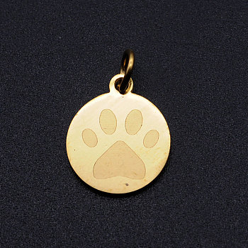 201 Stainless Steel Pet Charms, with Jump Rings, Flat Round with Dog Paw Prints, Golden, 14.5x12x1mm, Hole: 3mm